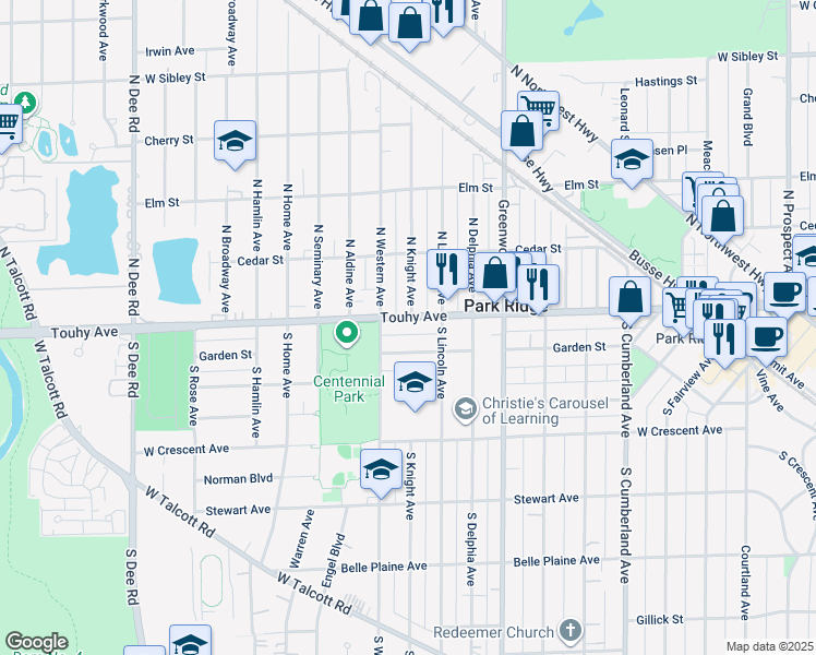 map of restaurants, bars, coffee shops, grocery stores, and more near 1425 West Touhy Avenue in Park Ridge