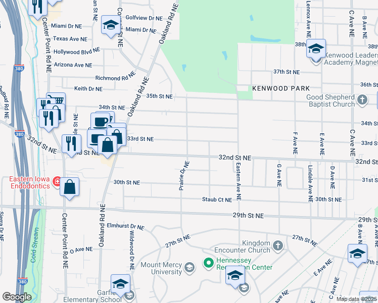 map of restaurants, bars, coffee shops, grocery stores, and more near 1210 32nd Street Northeast in Cedar Rapids