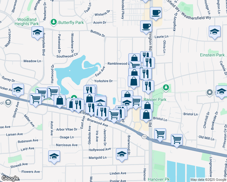 map of restaurants, bars, coffee shops, grocery stores, and more near 1090 Frances Drive in Streamwood