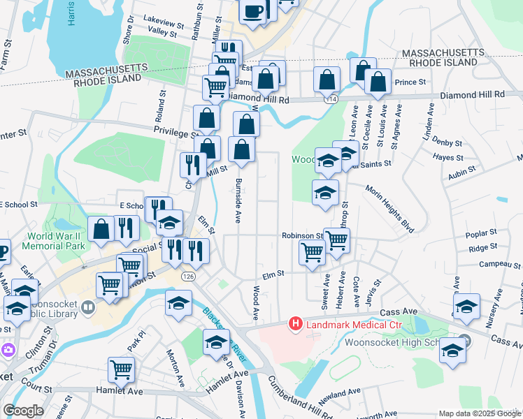 map of restaurants, bars, coffee shops, grocery stores, and more near 387 Wood Ave in Woonsocket