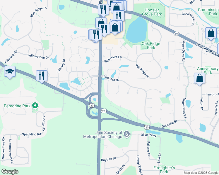 map of restaurants, bars, coffee shops, grocery stores, and more near 663 White Oak Lane in Bartlett
