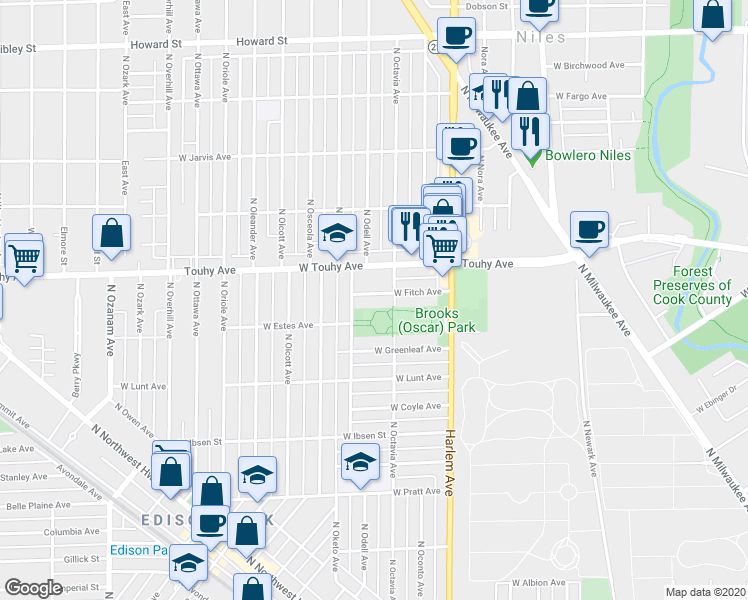map of restaurants, bars, coffee shops, grocery stores, and more near 7321 West Fitch Avenue in Chicago