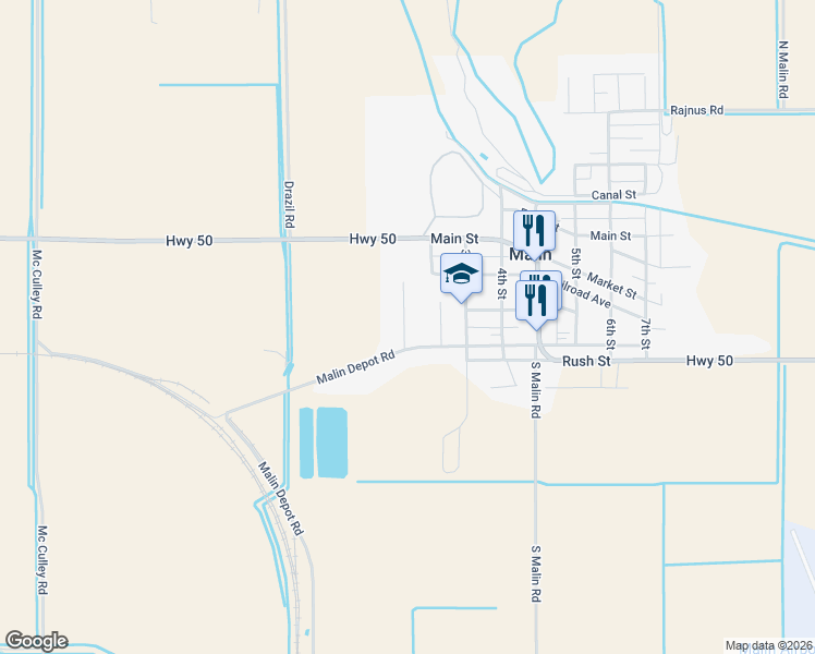 map of restaurants, bars, coffee shops, grocery stores, and more near 2130 E-Z Street in Malin