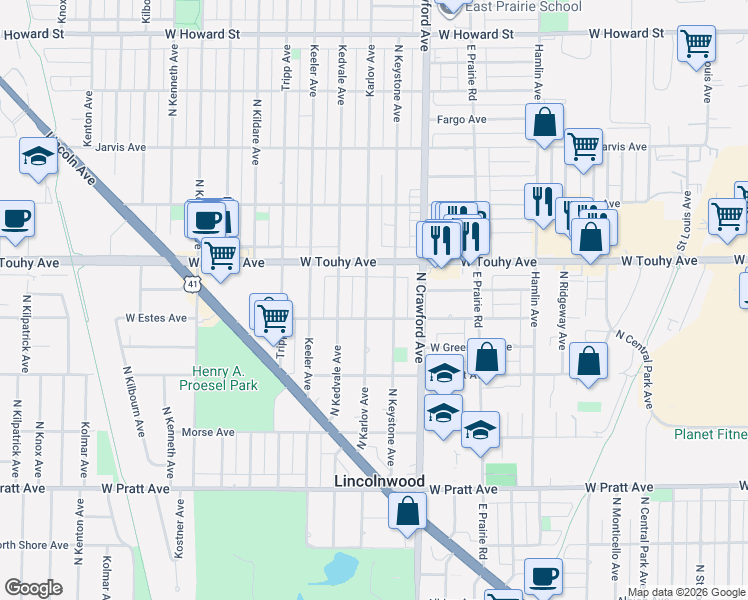 map of restaurants, bars, coffee shops, grocery stores, and more near 7121 North Karlov Avenue in Lincolnwood