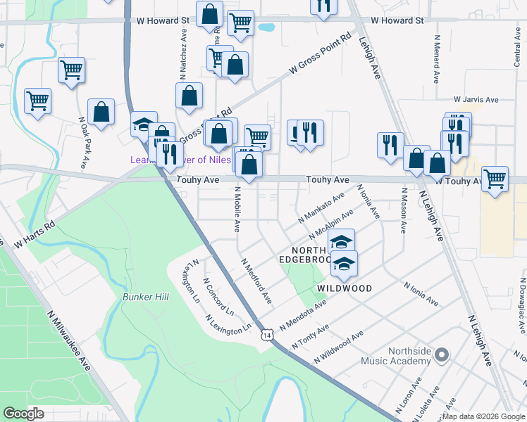 map of restaurants, bars, coffee shops, grocery stores, and more near 7111 North Merrimac Avenue in Chicago