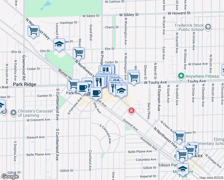 map of restaurants, bars, coffee shops, grocery stores, and more near 31 South Northwest Highway in Park Ridge