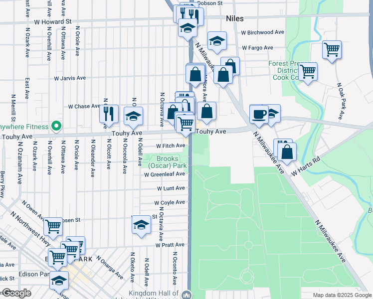 map of restaurants, bars, coffee shops, grocery stores, and more near 7102 N Harlem Ave in Chicago