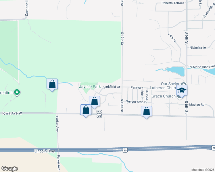 map of restaurants, bars, coffee shops, grocery stores, and more near 1301 Larkfield Court in Marshalltown