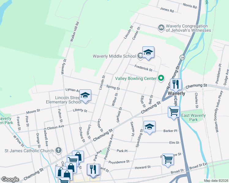 map of restaurants, bars, coffee shops, grocery stores, and more near 115 Wilbur St in Waverly