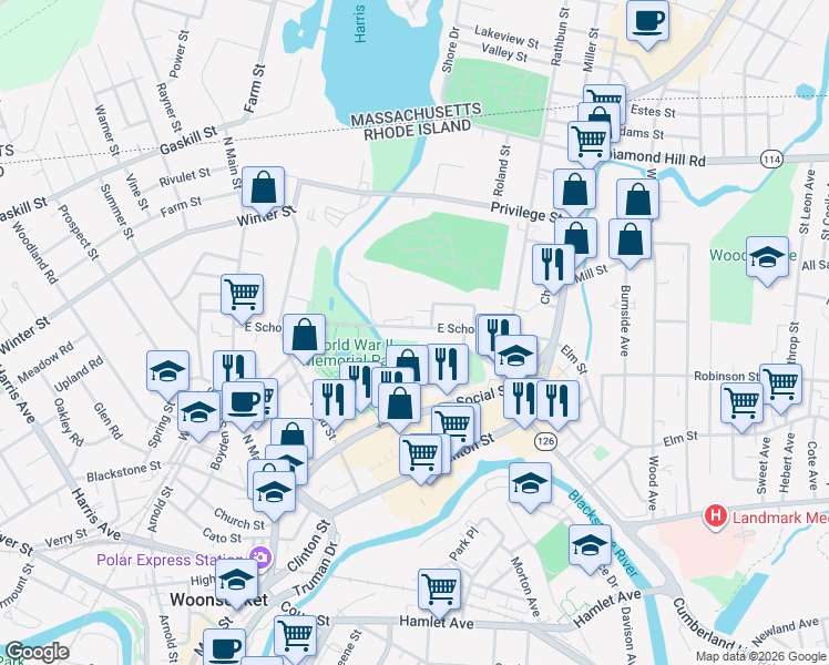 map of restaurants, bars, coffee shops, grocery stores, and more near 379 East School Street in Woonsocket