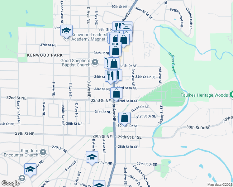 map of restaurants, bars, coffee shops, grocery stores, and more near 111 33rd Street Northeast in Cedar Rapids