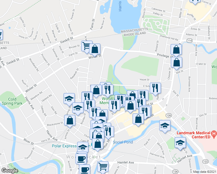 map of restaurants, bars, coffee shops, grocery stores, and more near 165 East School Street in Woonsocket