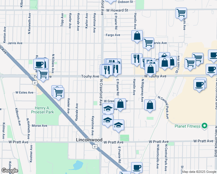 map of restaurants, bars, coffee shops, grocery stores, and more near 3933 West Fitch Avenue in Lincolnwood