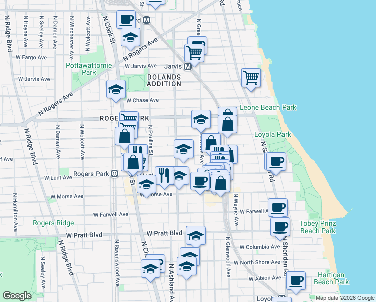 map of restaurants, bars, coffee shops, grocery stores, and more near 1528 West Greenleaf Avenue in Chicago