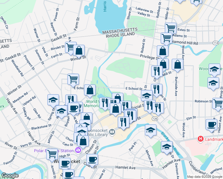 map of restaurants, bars, coffee shops, grocery stores, and more near 339 East School Street in Woonsocket