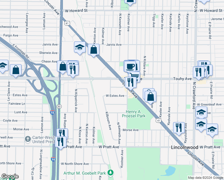 map of restaurants, bars, coffee shops, grocery stores, and more near 7125 North Kilbourn Avenue in Lincolnwood
