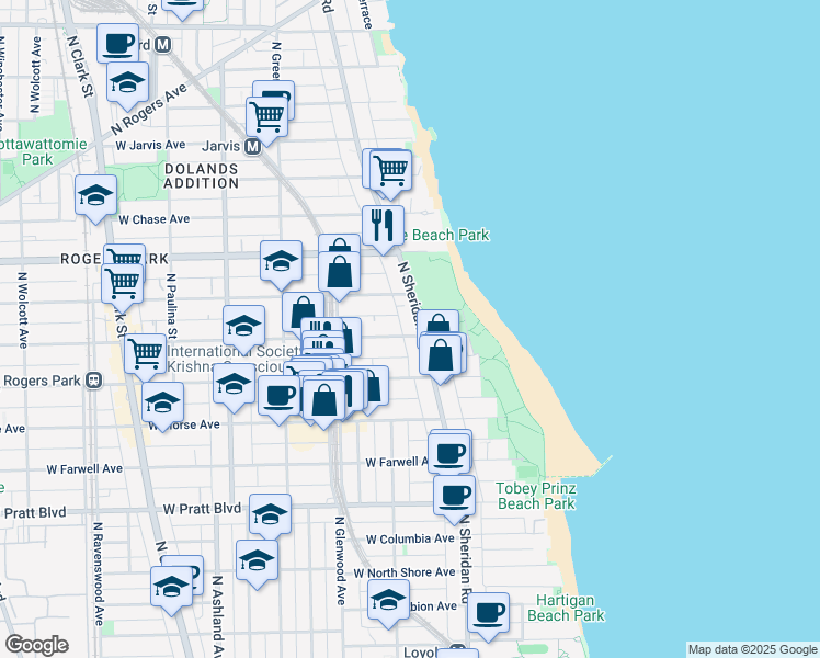 map of restaurants, bars, coffee shops, grocery stores, and more near 7046 North Sheridan Road in Chicago
