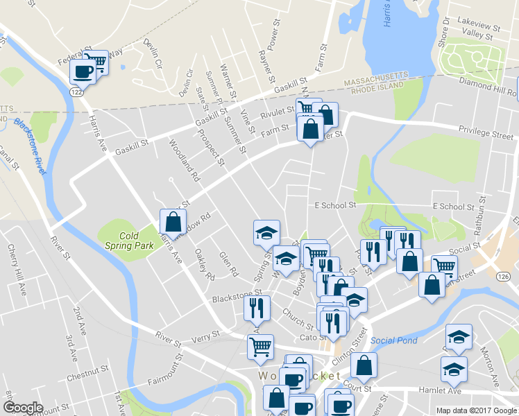 map of restaurants, bars, coffee shops, grocery stores, and more near 219 Prospect Street in Woonsocket