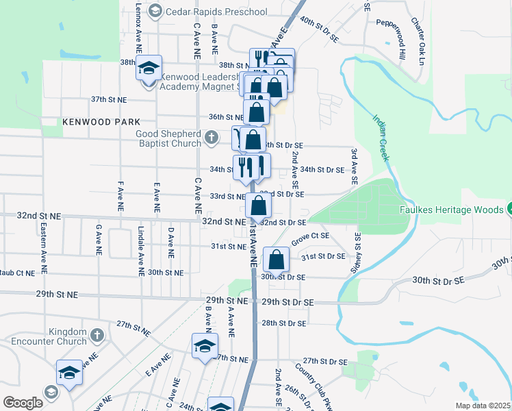 map of restaurants, bars, coffee shops, grocery stores, and more near 111 33rd Street Northeast in Cedar Rapids