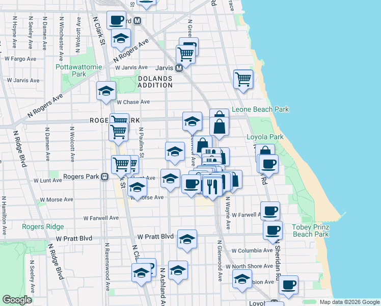 map of restaurants, bars, coffee shops, grocery stores, and more near 7059 North Greenview Avenue in Chicago