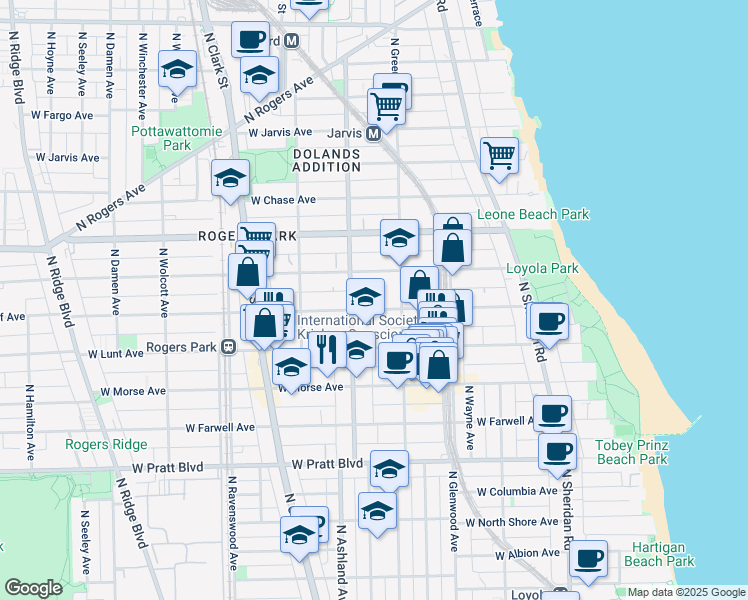 map of restaurants, bars, coffee shops, grocery stores, and more near 1528 West Greenleaf Avenue in Chicago