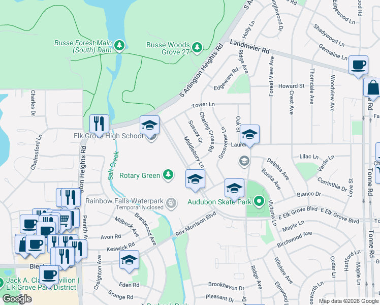 map of restaurants, bars, coffee shops, grocery stores, and more near 600 Middlebury Lane in Elk Grove Village
