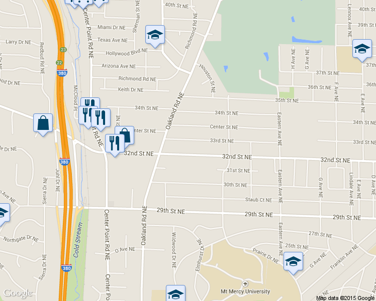 map of restaurants, bars, coffee shops, grocery stores, and more near 1284 32nd Street Northeast in Cedar Rapids