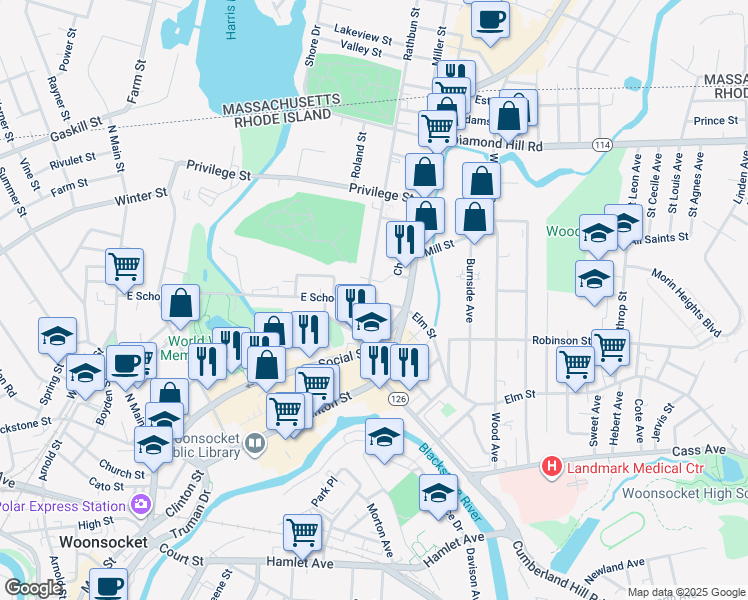 map of restaurants, bars, coffee shops, grocery stores, and more near 105 Rathbun Street in Woonsocket