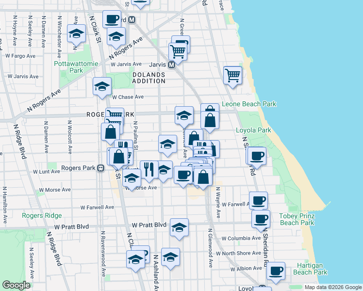 map of restaurants, bars, coffee shops, grocery stores, and more near 1528 West Greenleaf Avenue in Chicago
