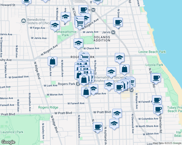 map of restaurants, bars, coffee shops, grocery stores, and more near 1730 West Greenleaf Avenue in Chicago