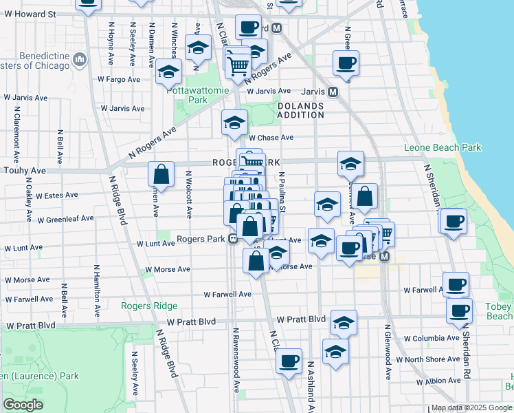 map of restaurants, bars, coffee shops, grocery stores, and more near 1730 West Greenleaf Avenue in Chicago