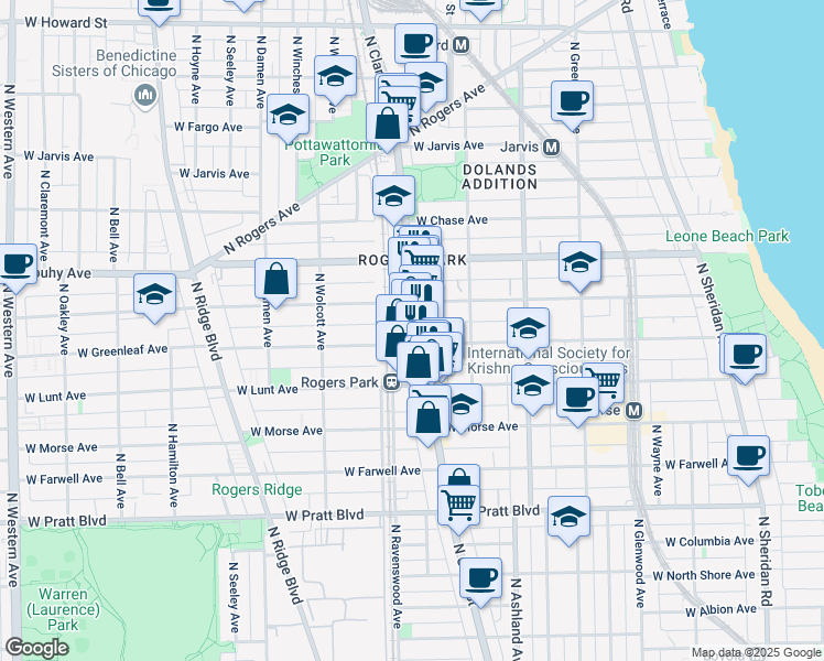 map of restaurants, bars, coffee shops, grocery stores, and more near 7051 North Ravenswood Avenue in Chicago