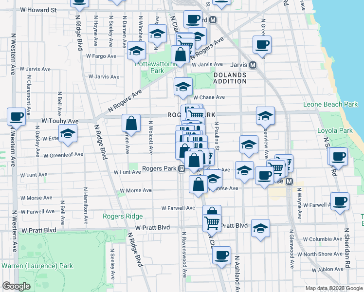 map of restaurants, bars, coffee shops, grocery stores, and more near 7051 North Ravenswood Avenue in Chicago