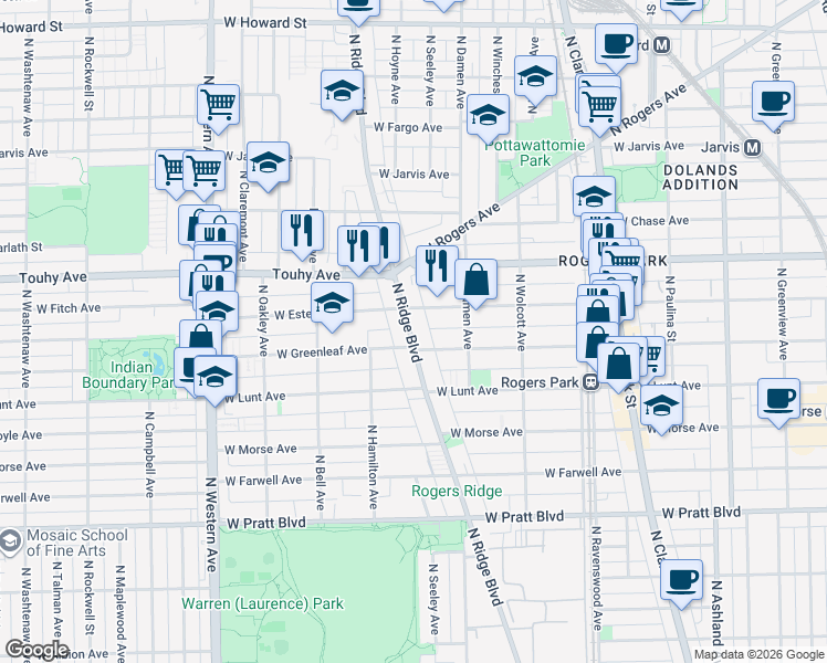 map of restaurants, bars, coffee shops, grocery stores, and more near 7054 North Ridge Boulevard in Chicago