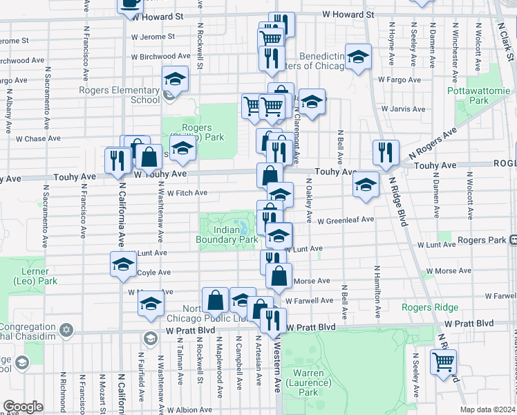 map of restaurants, bars, coffee shops, grocery stores, and more near 2424 West Estes Avenue in Chicago