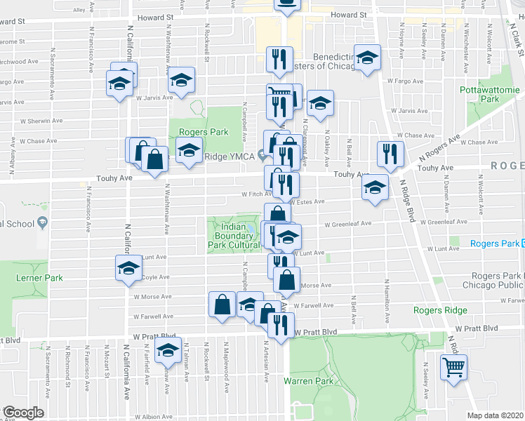 map of restaurants, bars, coffee shops, grocery stores, and more near 2424 West Estes Avenue in Chicago