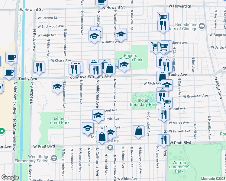 map of restaurants, bars, coffee shops, grocery stores, and more near 7102 North Washtenaw Avenue in Chicago