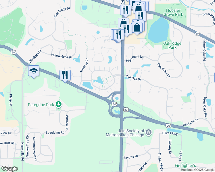 map of restaurants, bars, coffee shops, grocery stores, and more near 186 Monarch Drive in Streamwood