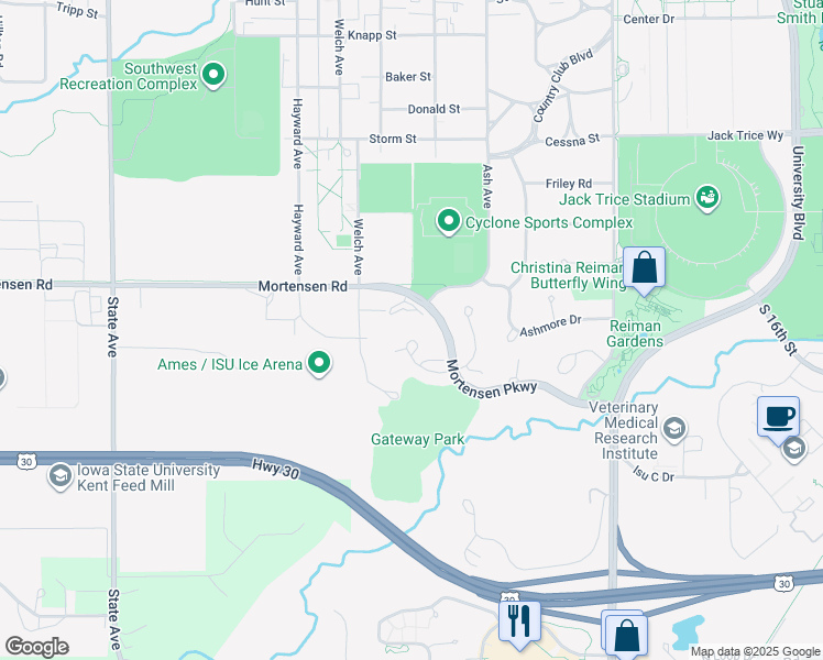 map of restaurants, bars, coffee shops, grocery stores, and more near 1534 Little Bluestem Court in Ames