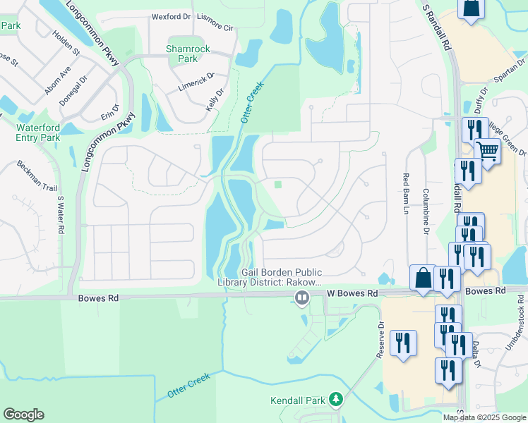map of restaurants, bars, coffee shops, grocery stores, and more near Edgewater Drive & Del Webb Boulevard in Elgin