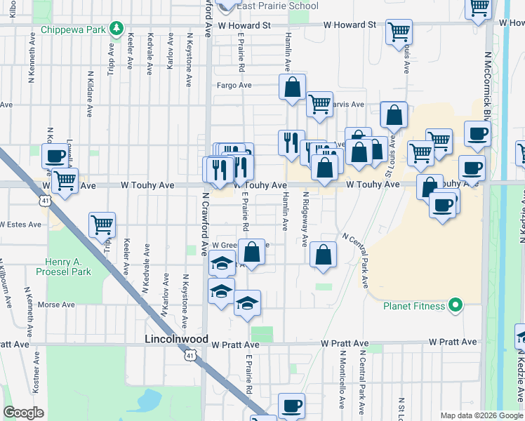 map of restaurants, bars, coffee shops, grocery stores, and more near 3837 West Fitch Avenue in Lincolnwood