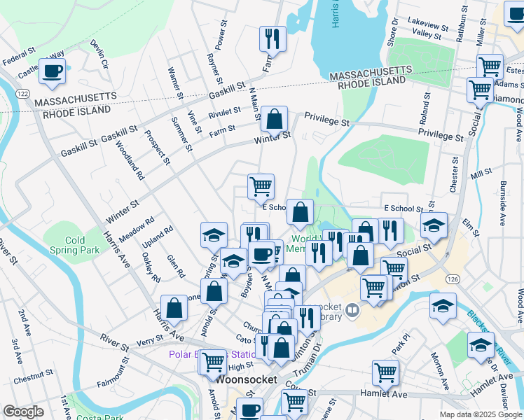 map of restaurants, bars, coffee shops, grocery stores, and more near 373 North Main Street in Woonsocket