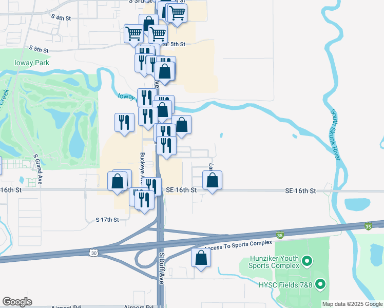 map of restaurants, bars, coffee shops, grocery stores, and more near Meadow Lane Court in Ames