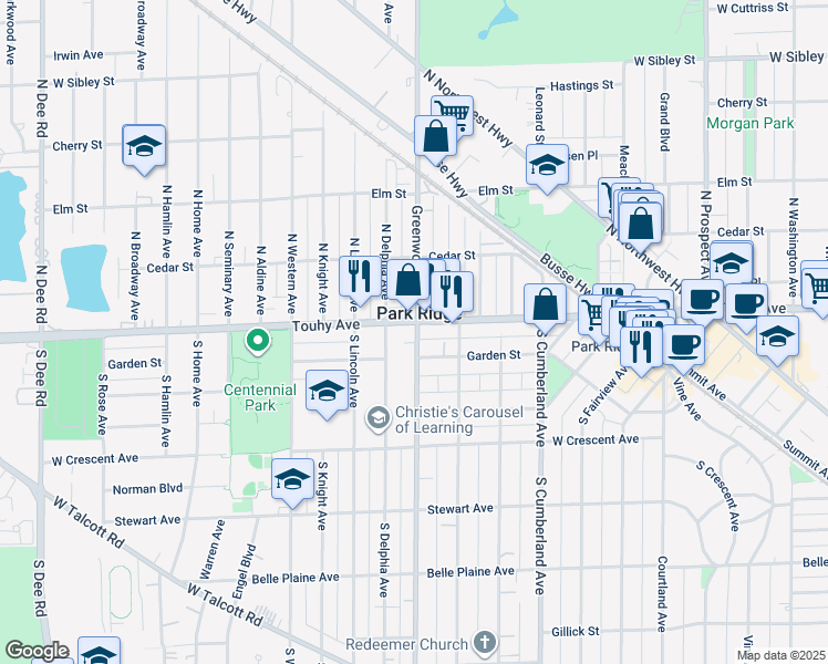 map of restaurants, bars, coffee shops, grocery stores, and more near 2 South Greenwood Avenue in Park Ridge