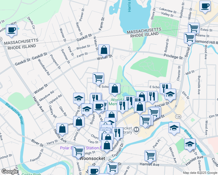 map of restaurants, bars, coffee shops, grocery stores, and more near 383 Pond Street in Woonsocket