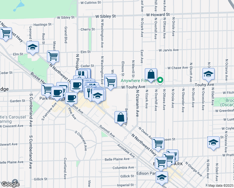 map of restaurants, bars, coffee shops, grocery stores, and more near 205 West Touhy Avenue in Park Ridge