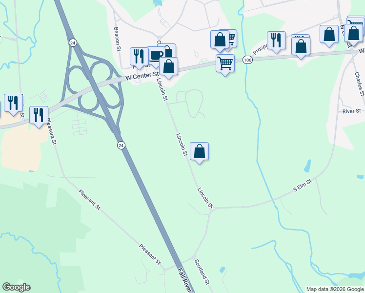 map of restaurants, bars, coffee shops, grocery stores, and more near 60 Lincoln Street in West Bridgewater