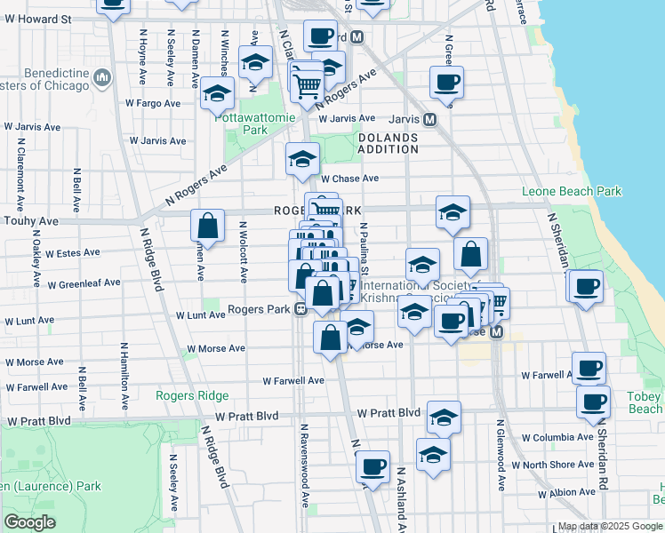 map of restaurants, bars, coffee shops, grocery stores, and more near 1730 West Greenleaf Avenue in Chicago