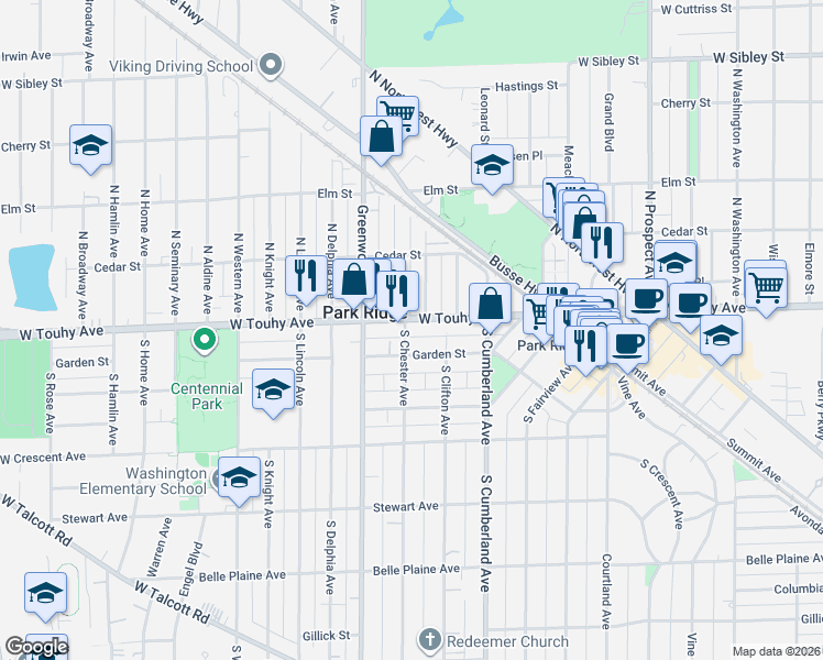 map of restaurants, bars, coffee shops, grocery stores, and more near 1027 West Touhy Avenue in Park Ridge