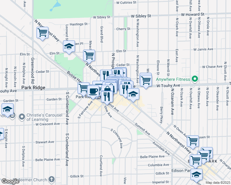 map of restaurants, bars, coffee shops, grocery stores, and more near 5 South Prospect Avenue in Park Ridge